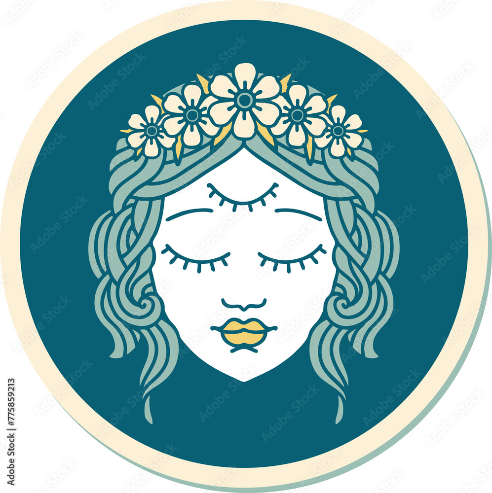 sticker of tattoo in traditional style of female face with third eye sticker of tattoo in traditional style of female face with third eye