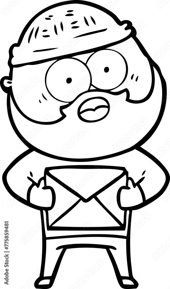 cartoon surprised bearded man holding letter