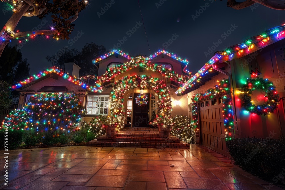 Illuminated Holiday Home, Seasonal Decor, Evening Elegance