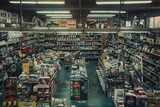 Bustling Auto Parts Store, Wide Interior Shot with Shelves of Products