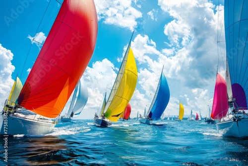 Sailboat Competition at Sea, Bright Sails Against Blue Sky