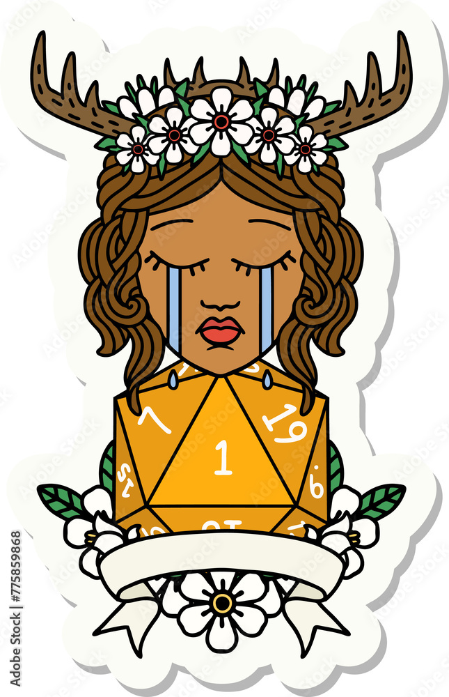 sticker of a crying human druid with natural one roll sticker of a crying human druid with natural one roll