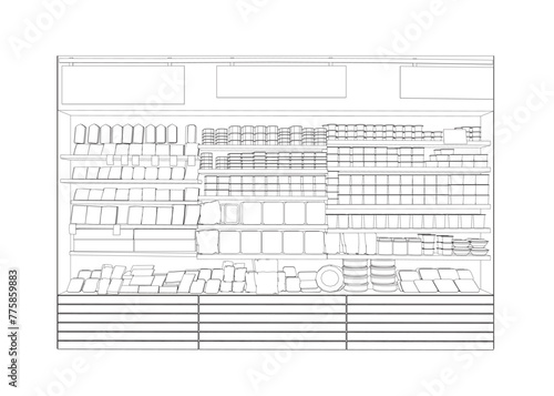 Outline Supermarket store interior with goods. Contour Grocery supermarket and store with shelves and products. Vector illustration.