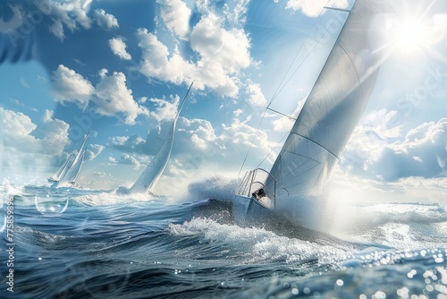 Thrilling Yacht Race, Sailboats Against the Wind on High Seas © Ilia Nesolenyi