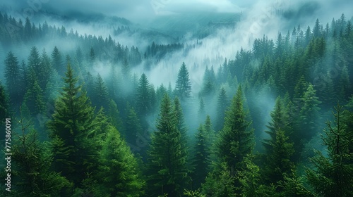 Misty mountain forest landscape in the morning 