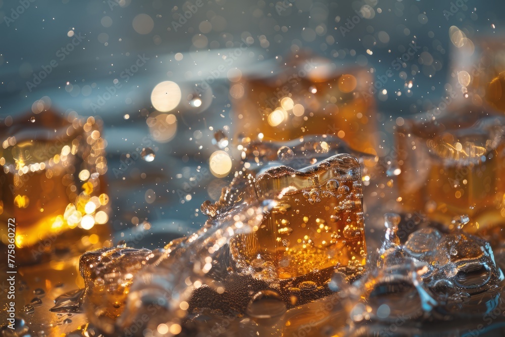 Chilled Whiskey Glass with Splashing Ice Cubes