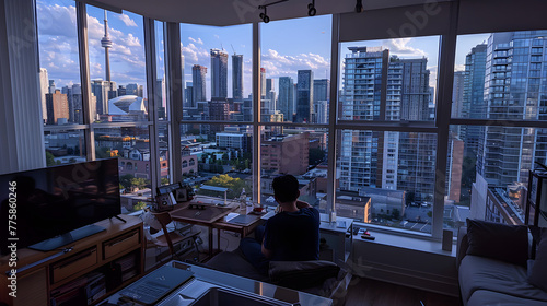 Man Enjoying Cityscape from Modern Apartment at Twilight  Urban Lifestyle Concept