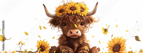 Highland Cow with Sunflowers and Butterflies
 photo