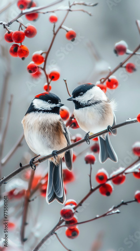 Chickadees Perching on Winterberry Branch in Winter 