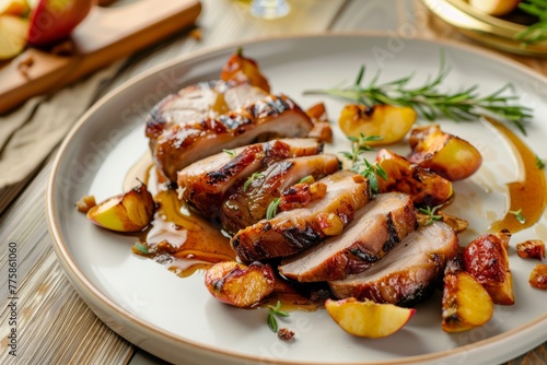 Succulent Pork Belly Slices on Plate with Caramelized Apples