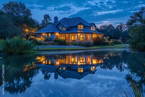 Luxury House at Twilight with Perfect Reflection on Water