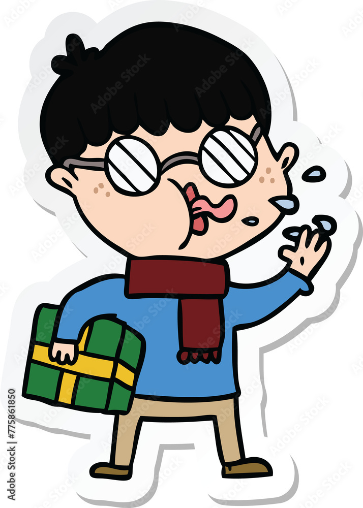 sticker of a cartoon boy wearing spectacles with christmas gift sticker of a cartoon boy wearing spectacles with christmas gift
