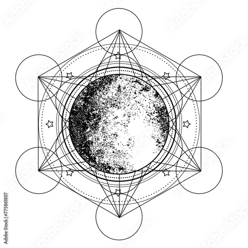 Metatron Cube. Moon pagan Wicca moon goddess symbol. Three-faced Goddess, Maiden, Mother, Crone isolated vector illustration. Tattoo, astrology, alchemy, boho and magic symbol. Coloring book.