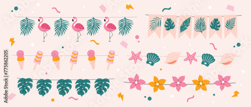 Set of handdrawn summer garlands. Bright and colourful decoration. Vector palm leaves, ice cream, flowers and shells.