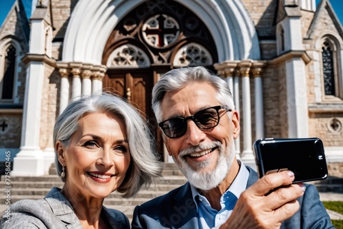 Älteres Paar macht ein Selfie mit dem Handy photo