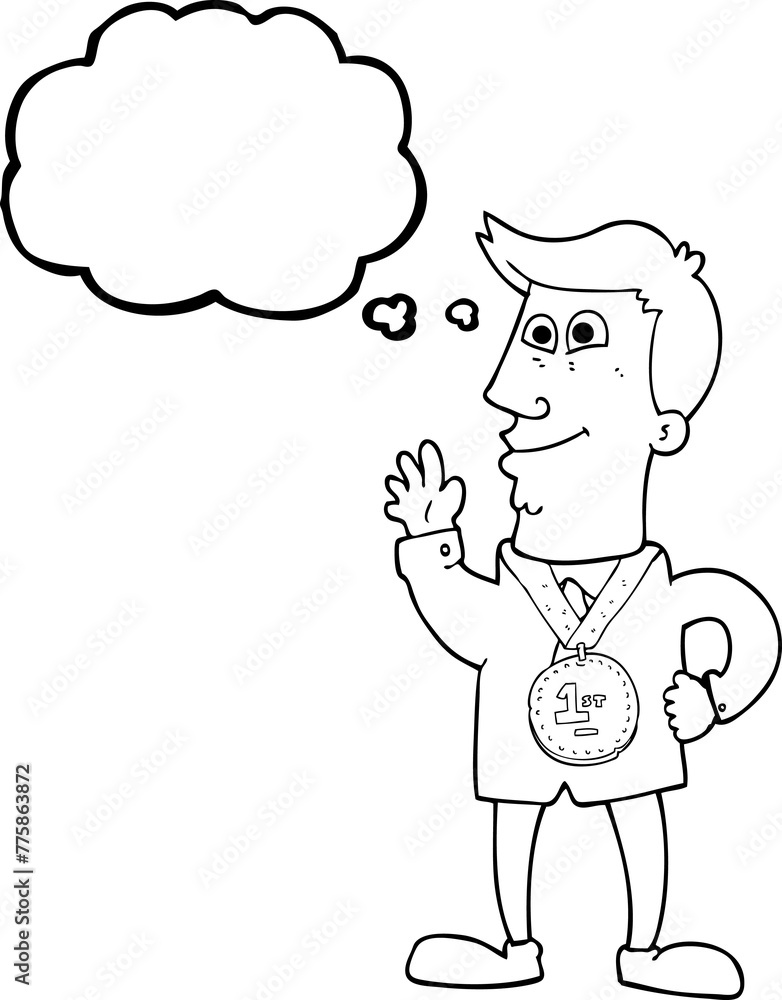 freehand drawn thought bubble cartoon waving man with award freehand drawn thought bubble cartoon waving man with award