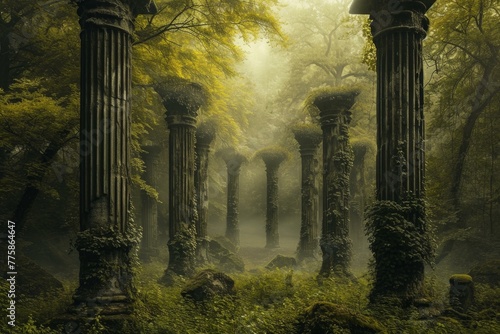 Towering Antique columns in green forest. Summer travel. Generate Ai photo