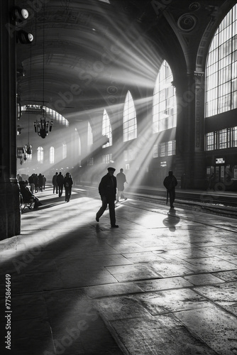 Sunlight streams through large arched windows in a grand hall  illuminating people walking across the floor  casting long shadows