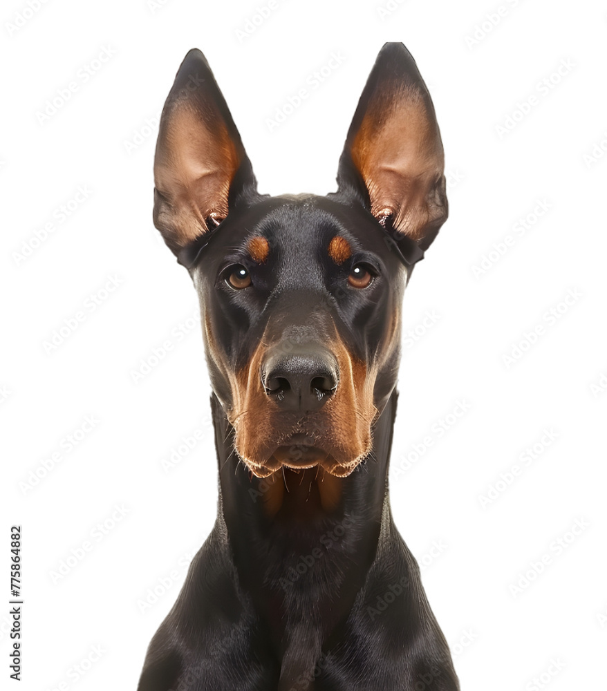 Dog doberman sitting in front of camera isolated on transparent background