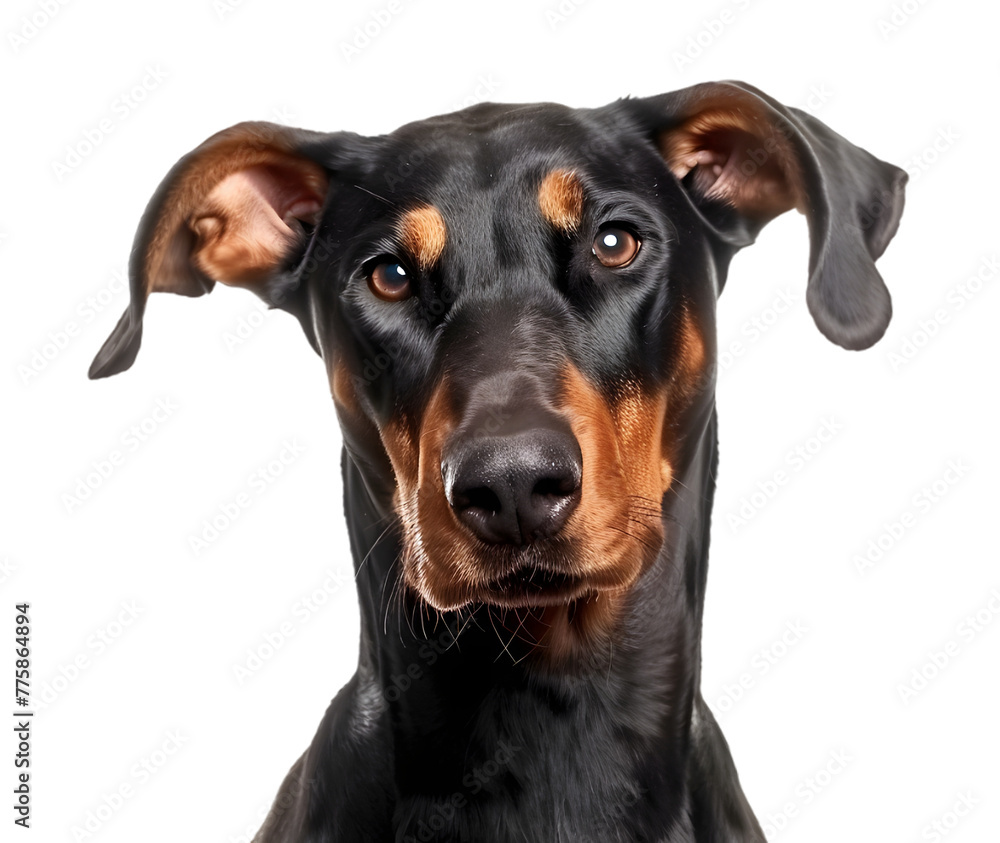 Dog doberman sitting in front of camera isolated on transparent background