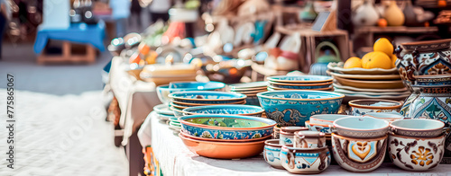 Market of plates and vessels for tourists. Vacation