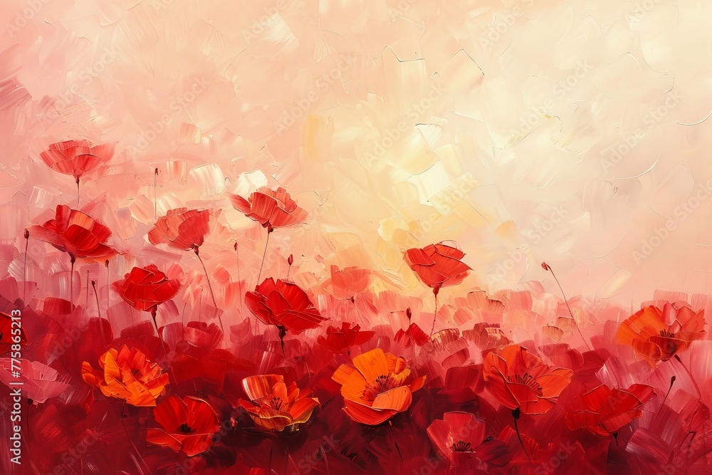 Obraz premium Flowering field painted with oil paints. Oil painting of splendid red poppy wildflowers bathed in the warm glow of a sunrise, alive with vivid colors and artistic vibrance