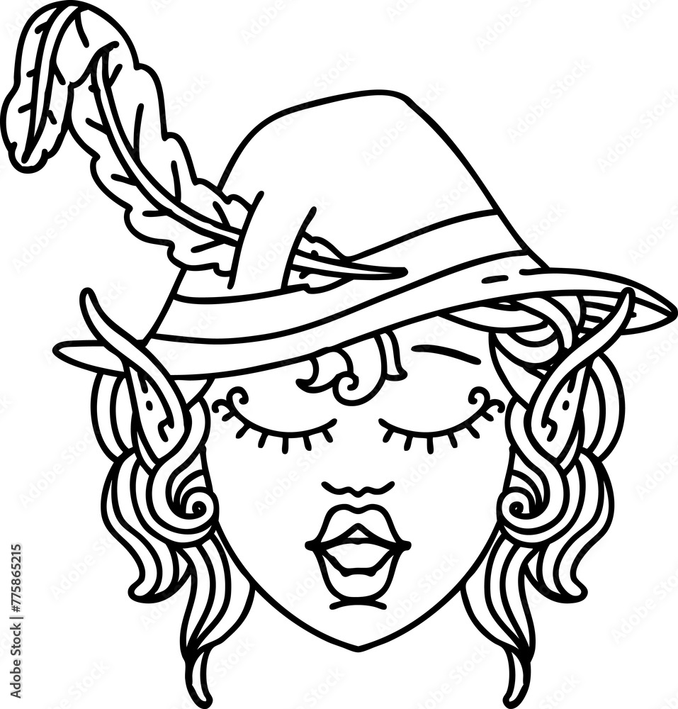 Black and White Tattoo linework Style elf bard character face Black and White Tattoo linework Style elf bard character face