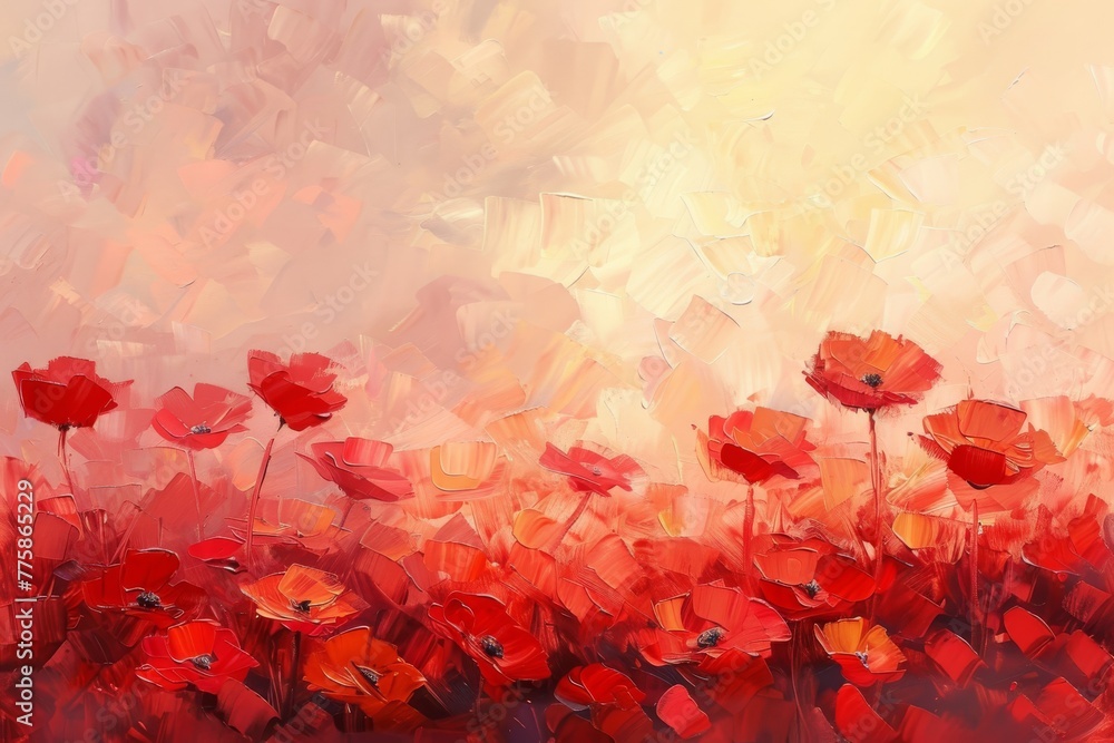 Flowering field painted with oil paints. Oil painting of splendid  red poppy wildflowers bathed in the warm glow of a sunrise, alive with vivid colors and artistic vibrance