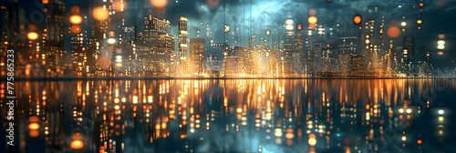 Abstract bokeh background with blurred lights Double exposure of city Silhouette of the city at night with a network of connections. photo