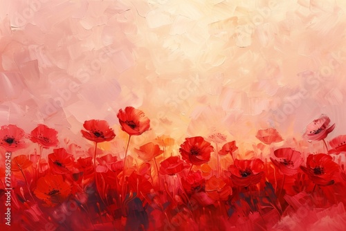 Flowering field painted with oil paints. Oil painting of splendid red poppy wildflowers bathed in the warm glow of a sunrise, alive with vivid colors and artistic vibrance