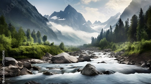 Panoramic view of a mountain river in the morning mist.