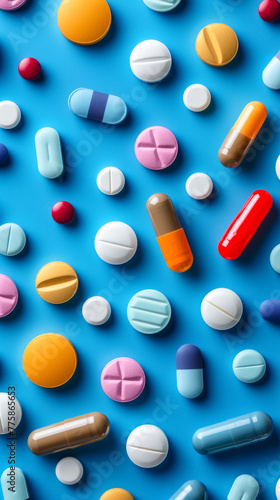 Top view: assorted pills scattered on blue background, representing varied medications for diverse ailments,