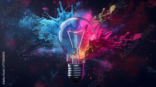 lightbulb turned on with paint of different colors flying around it and a black background photo