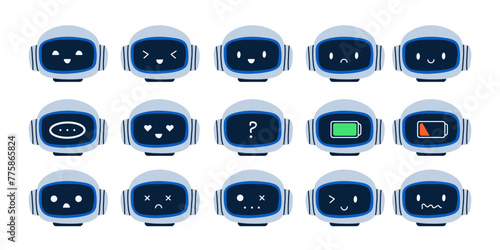 Robot emotions. Chatbot assistant emotions, cute ai symbol, tech mascot. Happy or sad funny face. Robotic machine high and low battery. Vector cartoon flat style isolated smile character illustration