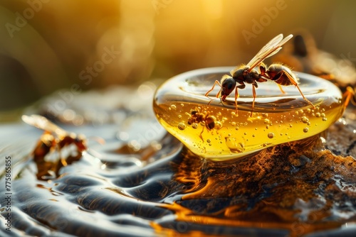 Glistening Ants honey drop sunlight. Natural wild. Generate Ai
