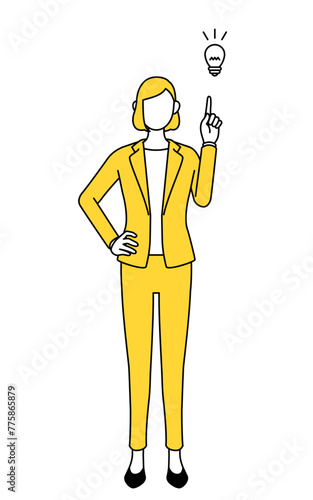 Simple line drawing illustration of a businesswoman in a suit coming up with an idea.