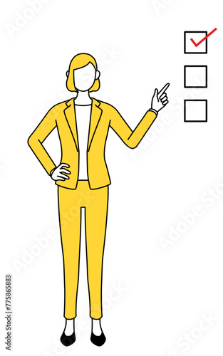 Simple line drawing illustration of a businesswoman in a suit pointing to a checklist.
