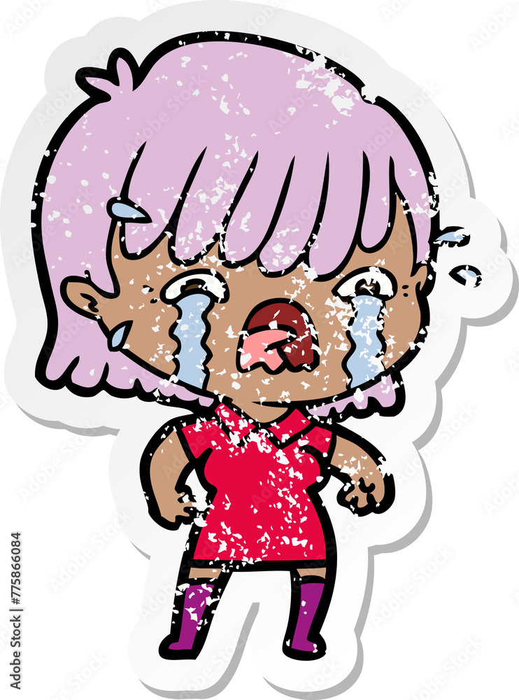 distressed sticker of a cartoon girl crying distressed sticker of a cartoon girl crying