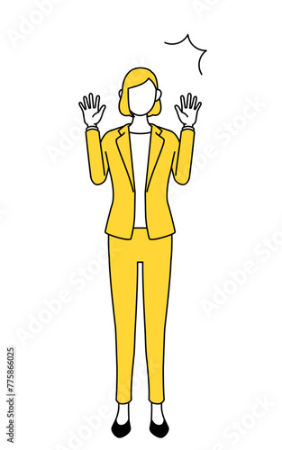 Simple line drawing illustration of a businesswoman in a suit raising his hand in surprise.