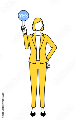 Simple line drawing illustration of a businesswoman in a suit holding a malleable stick that shows the correct answer.