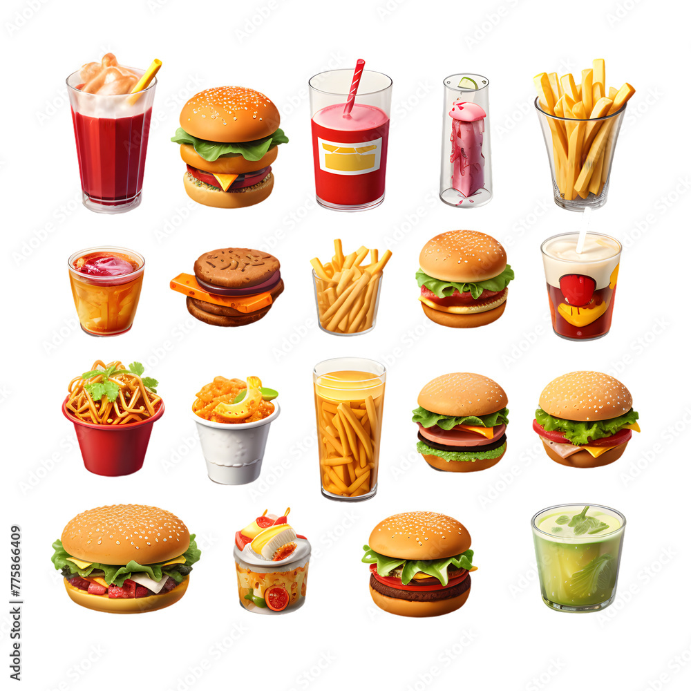 Colorful 3D Icon Sets of fast food dishes isolated on transparent background Colorful 3D Icon Sets of fast food dishes isolated on transparent background