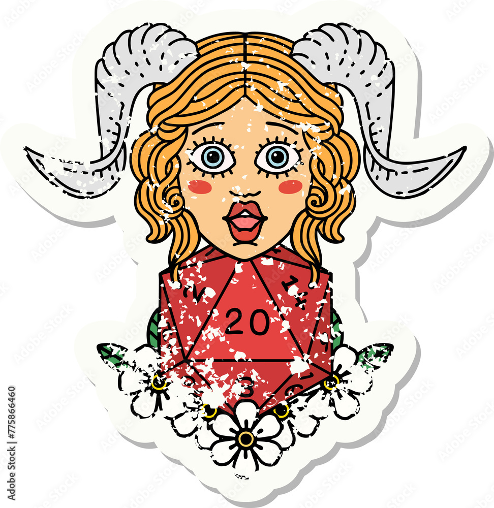 grunge sticker of a tiefling with natural twenty dice roll grunge sticker of a tiefling with natural twenty dice roll
