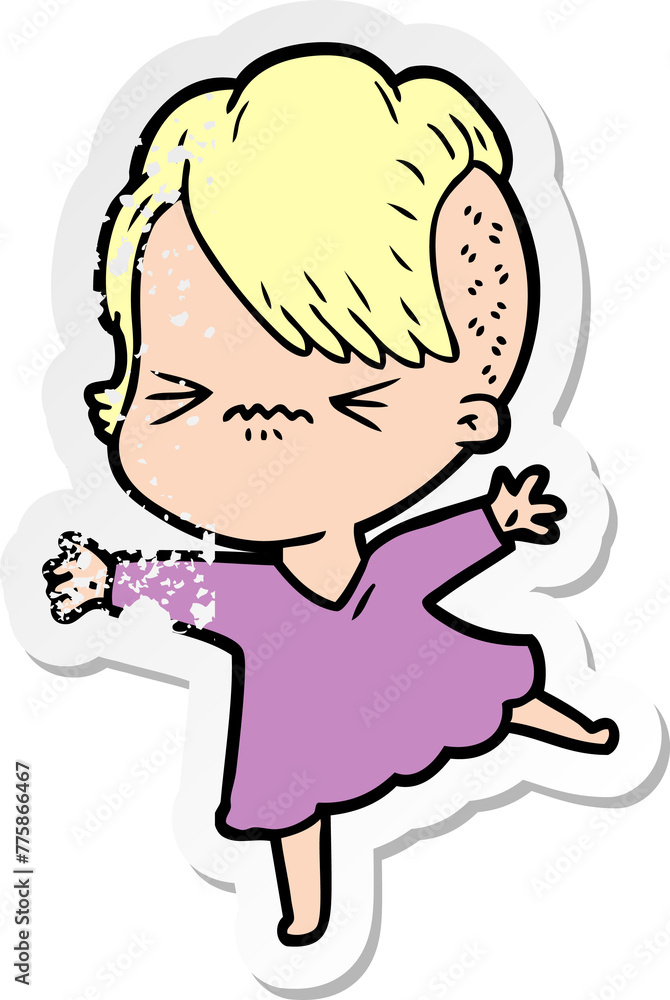 distressed sticker of a cartoon annoyed hipster girl distressed sticker of a cartoon annoyed hipster girl