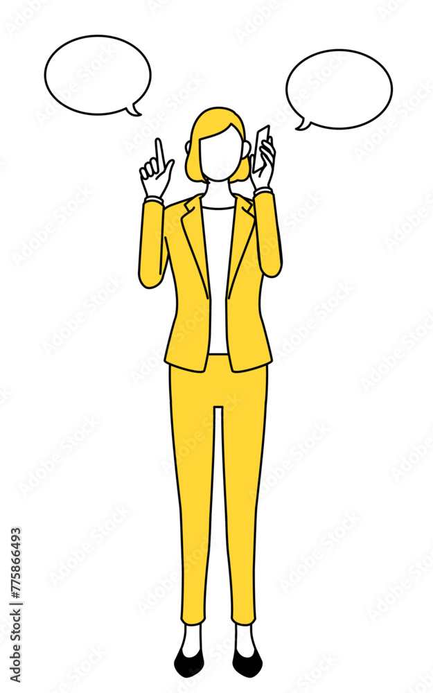 Simple line drawing illustration of a businesswoman in a suit pointing while on the phone. Simple line drawing illustration of a businesswoman in a suit pointing while on the phone.