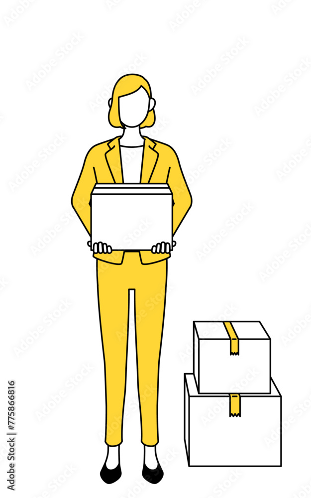 Simple line drawing illustration of a businesswoman in a suit holding a cardboard box. Simple line drawing illustration of a businesswoman in a suit holding a cardboard box.