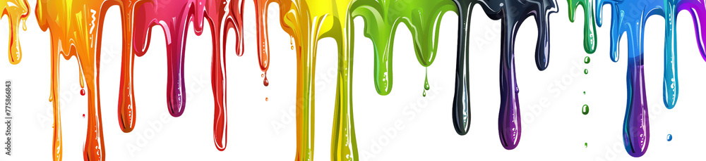 Rainbow paint dripping down, seamless pattern on white background. Rainbow color drips in the shape of horizontal stripes for design elements. Dripping art with vibrant colors with copy space