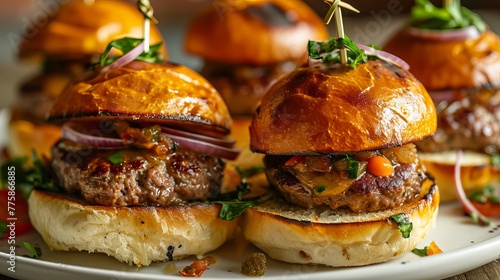 Appetizing Mini Gourmet Burgers with Melted Cheese, Fresh Arugula, and Grilled Onions on Glossy Buns, Arranged on a Rustic Wooden Table