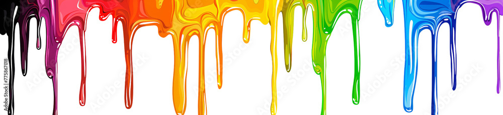 Naklejka premium Rainbow paint dripping down, seamless pattern on white background. Rainbow color drips in the shape of horizontal stripes for design elements. Dripping art with vibrant colors with copy space