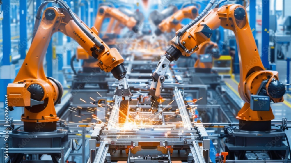 Robots Working on Conveyor Belt in Factory Robots Working on Conveyor Belt in Factory