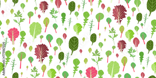 Mix of salad leaves. Cartoon set of green red raw leaves seamless pattern. Arugula, spinach, lettuce leaf, watercress. Organic vitamin ingredients for cooking healthy food. Vector illustration